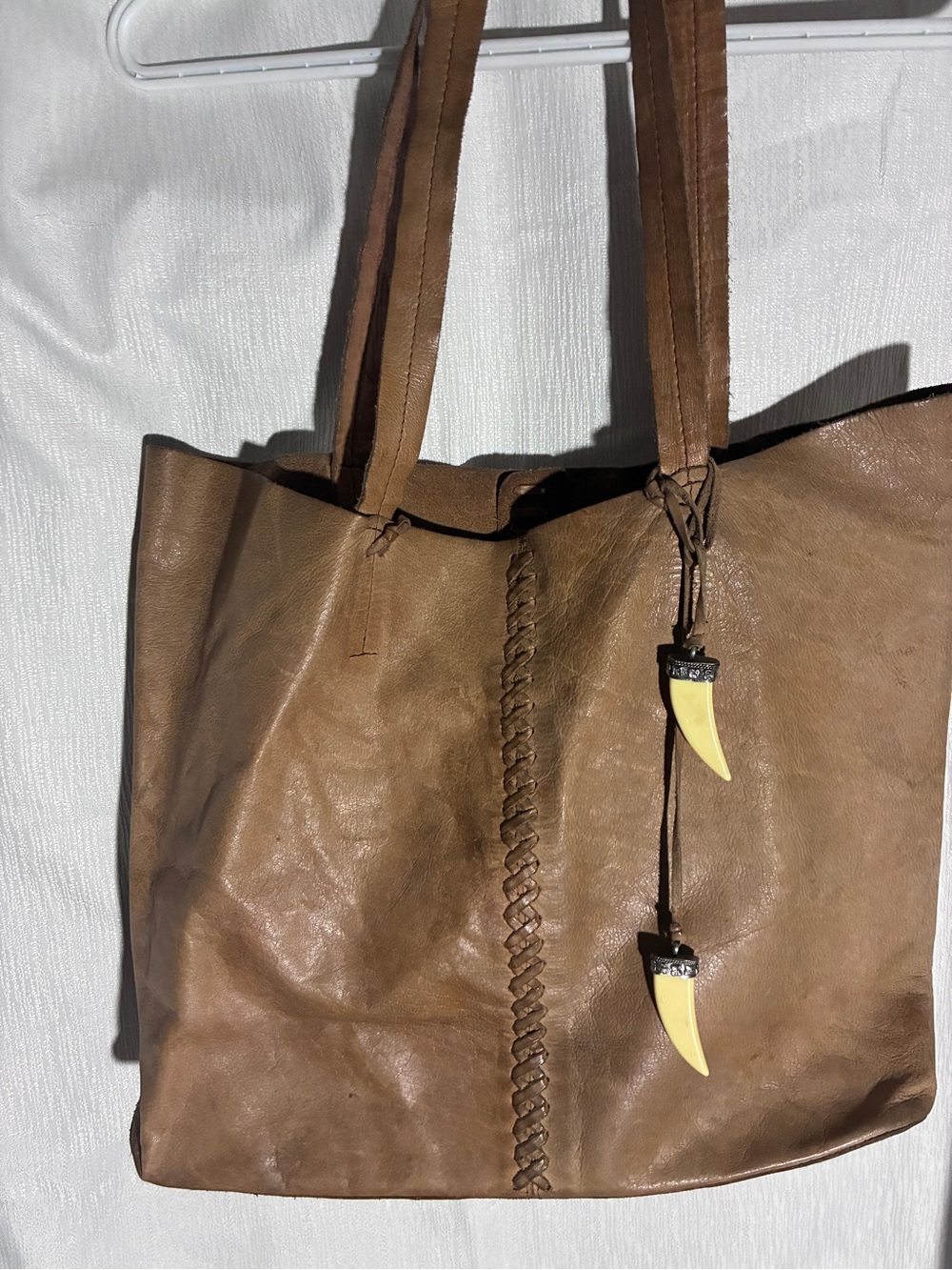 Classic Brown Leather Tote with Decorative Horn Charms